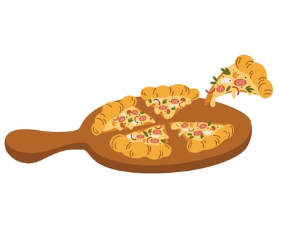 Pizza on a wooden stand. Delicious pizza with mozzarella cheese, sausage, mushrooms, herbs and pepper. Traditional Italian fast food. Vector hand draw cartoon illustration