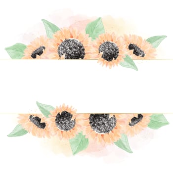 watercolor yellow sunflower bouquet square golden glitter frame banner digital painting vector
