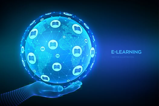 E-learning. Innovative online education technology concept. World map point and line composition. Earth planet globe in hand. Webinar, online training courses. Skill development. Vector illustration.