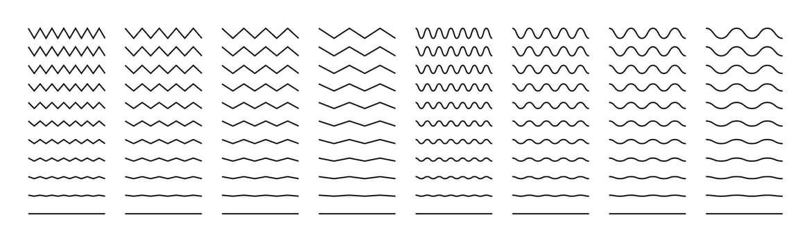 Wavy, zigzag and sinusoidal lines. Set decor, dividers. Isolated vector illustration on white background.