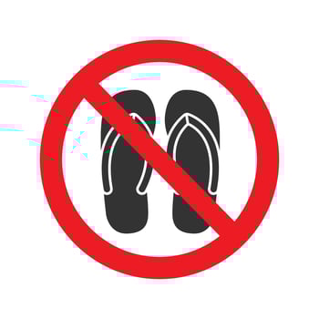 Forbidden sign with slippers glyph icon. No sandals, thongs or open toed footwear. Without shoes. Stop silhouette symbol. Negative space. Vector isolated illustration