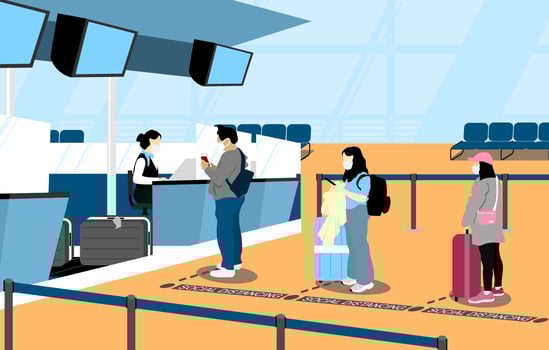 Tourists check in at the airport following covid-free setting and universal prevention measures vector