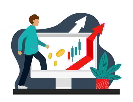 The trader tracks the charts at the computer. Trading, quotes, stocks, investment concept. Flat cartoon vector illustration