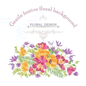 Floral frame with summer flowers. Floral bouquet with rose,  carnation and wildflower. Vintage Greeting Card with flowers. Ornamental decorative flourish border. Floral background. vector
