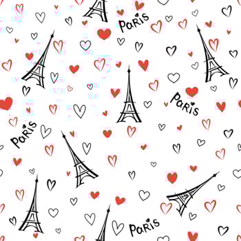Paris city vacation seamless pattern. Travel France wallpaper. French landmark background. Love heart seamless pattern vector