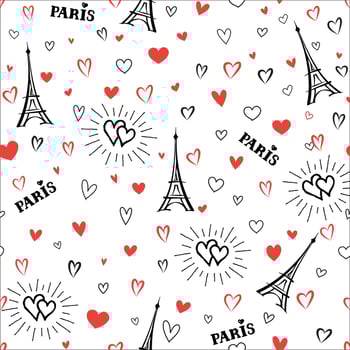 Paris city vacation seamless pattern. Travel France wallpaper. French landmark background. Love heart seamless pattern vector