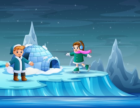 Happy children playing outside the igloo vector
