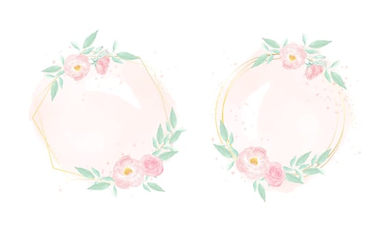watercolor pink wild rose with golden frame wreath on pink splash background collection vector