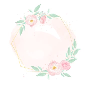 watercolor pink wild rose with golden frame wreath on pink splash background vector