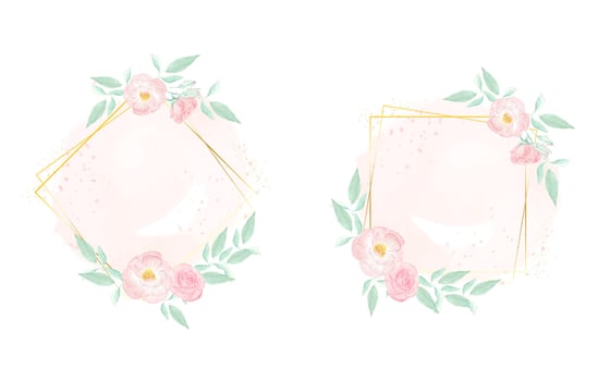 watercolor pink wild rose with golden frame wreath on pink splash background collection vector