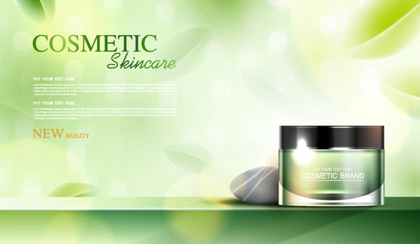 Refreshing green tea cosmetics or skin care product ads with bottle, banner ad for beauty products, stone and flying leaves on background glittering light effect. vector design