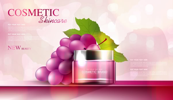 Grape seed cosmetics or skin care product ads with bottle, banner ad for beauty products, leaf and grape on background glittering light effect. vector design