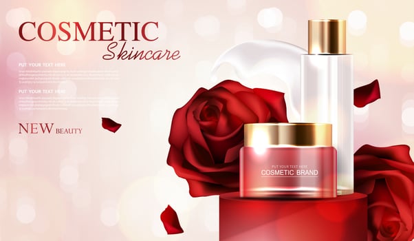 Cosmetic essence or skin care product or mock up lotion bottle, banner ad for beauty products, rose petals in elegant background and glittering light effect. vector design