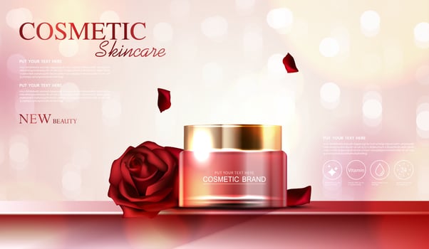Cosmetic essence or skin care product or mock up lotion bottle, banner ad for beauty products, rose petals in elegant background and glittering light effect. vector design