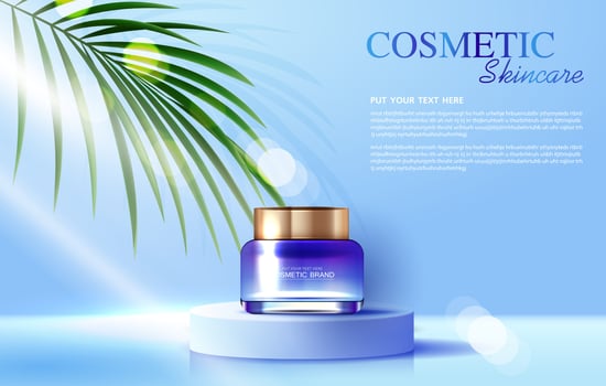 Cosmetics or skin care product ads with bottle, banner ad for beauty products and leaf background glittering light effect. vector design