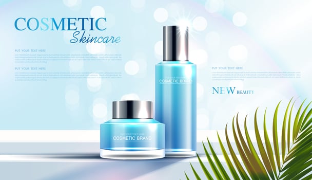 Cosmetics or skin care product ads with bottle, banner ad for beauty products and leaf background glittering light effect. vector design