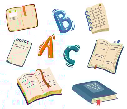 Books and English letters. Set for learning to read, language, literature and notebooks. School supplies. Study. Vector cartoon illustration isolated on the white background.