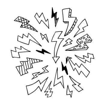 set of hand drawn vector doodle electric lightning bolt symbol sketch illustrations. thunder, vector ilustration