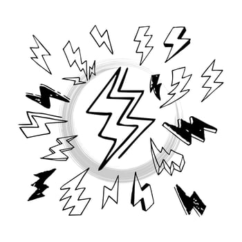set of hand drawn vector doodle electric lightning bolt symbol sketch illustrations. thunder, vector ilustration