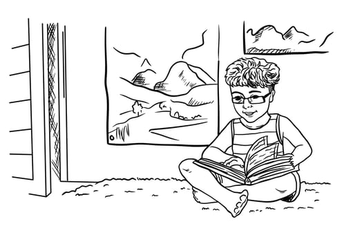 Boy reading a book, black and white vector drawing illustration