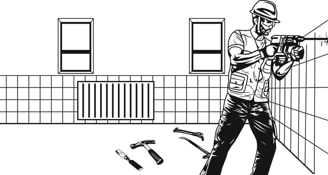 male worker drilling the wall with lots of tools on the floor vector