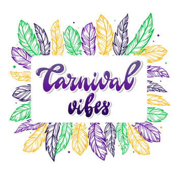 cute greeting card, poster, banner, invitation design for Brazilian carnival or Mardi Gras. Creative quote 'Carnival vibes' decorated with feathers. Festive typography inscription. EPS 10 vector