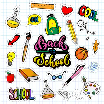 cute hand drawn colorful school doodles. Perfect for stickers, decoration of posters, cards, banners, prints, etc. All elements are isolated. EPS 10 vector