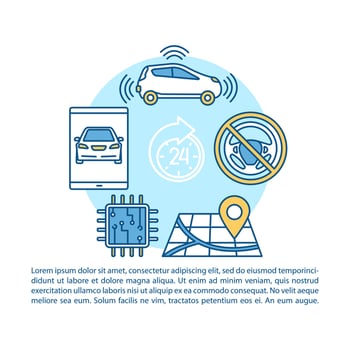 Driverless taxi article page vector template. Self driving vehicle. Autonomous automobile. Brochure, magazine, booklet design element with linear icons and text. Print design. Concept illustrations