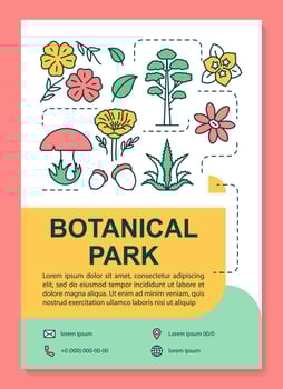 Botanical park poster template layout. Flowers and plants. Forest foliage. Banner, booklet, leaflet print design with linear icons. Vector brochure page layouts for magazines, advertising flyers