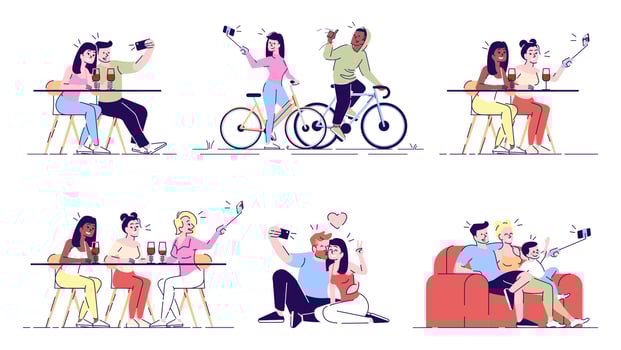 Selfie flat vector illustrations set. People taking self photo with friends, family, on dating, sport training. Capturing bright moment with phone camera isolated cartoon characters