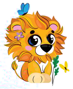 A small cute lion with a fluffy shaggy mane is sitting. Children's illustration vector