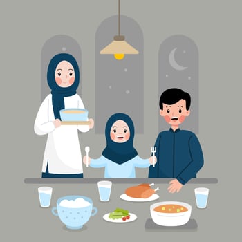 Cute muslim family iftar sahoor in ramadan and eid mubarak vector