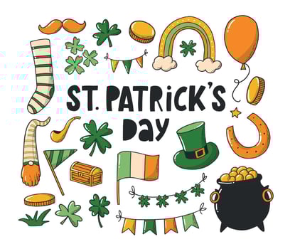St. Patrick's day doodles, clipart, stickers, etc. Good for cards, icons, scrapbooking, decor, planners, prints, etc. EPS 10 vector