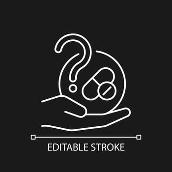 Blind trials white linear icon for dark theme. Masked experiment. Maximizing results validity. Thin line customizable illustration. Isolated vector contour symbol for night mode. Editable stroke