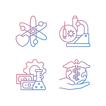 Medicine development gradient linear vector icons set. Interest in science. Test vaccines. Future perspectives. Thin line contour symbols bundle. Isolated outline illustrations collection