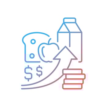 Increasing food prices gradient linear vector icon. Price inflation. Economical issue. Food insecurity, hunger reason. Thin line color symbol. Modern style pictogram. Vector isolated outline drawing
