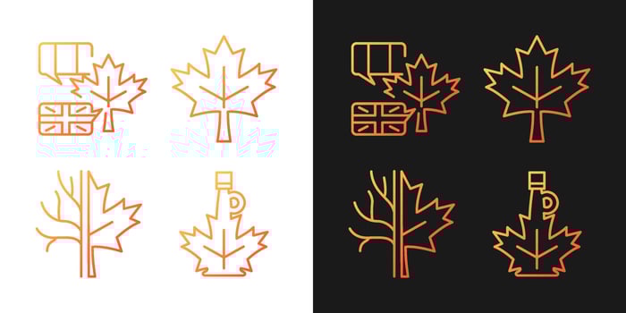 Maple leaf significance gradient icons set for dark and light mode. National emblem of Canada. Thin line contour symbols bundle. Isolated vector outline illustrations collection on black and white