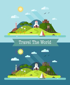 Landscape with Beach, Hills, Church, Mill, Fortress and Lighthouse vector