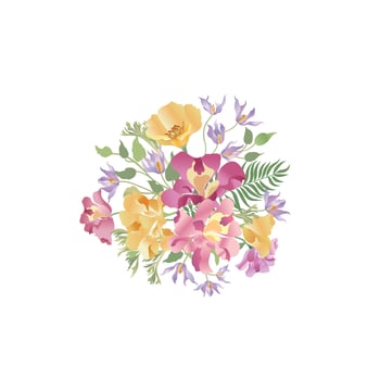 Flower bouquet over white background. Floral frame. Flourish greeting card. Summer decor vector