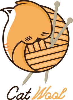 Cute cat logo design template. Vector cat and wool ball logotype illustration background in circle