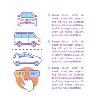 Car rental article page vector template. Rent automobile. Brochure, magazine, booklet design element with text boxes. Auto leasing. Car hiring. Print design. Concept illustrations with text space