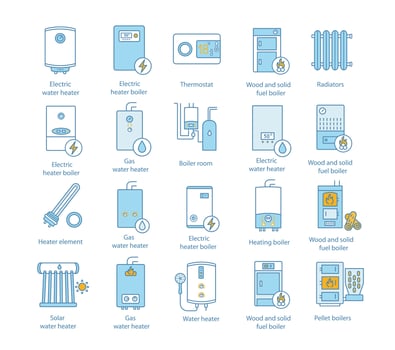 Heating color icons set. Boilers, radiators, thermostat. Gas, electric, solid fuel, pellet, solar boilers. Commercial, industrial and domestic central heating systems. Isolated vector illustrations