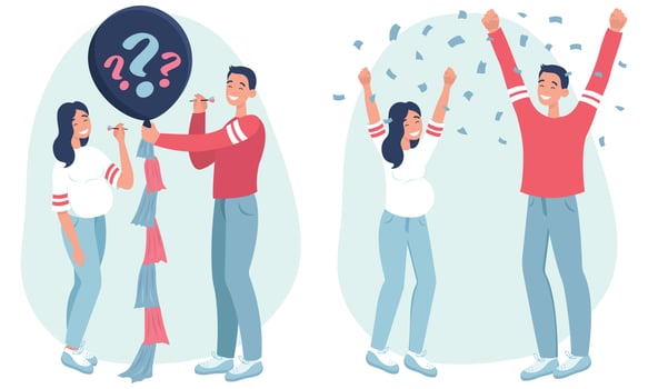 Gender reveal party. A pregnant woman and her husband want to know the gender of their baby. It's a boy. Blue confetti is flying around. Flat vector illustration on a white background.
