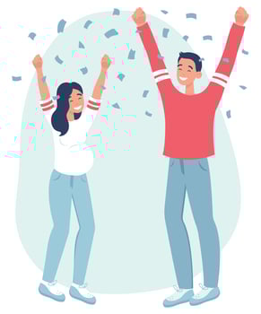 Gender reveal party. It's a boy. Blue confetti is flying around. Flat vector illustration on a white background.