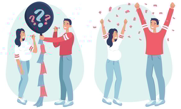 Gender reveal party. A pregnant woman and her husband want to know the gender of their baby. It's a girl. Pink confetti is flying around. Flat vector illustration on a white background.