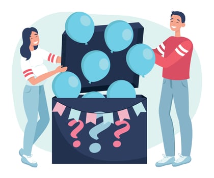 Gender reveal party. A pregnant woman and her husband want to know the gender of their baby. It's a boy. Blue balloons fly out of the box. Flat vector illustration on a white background.