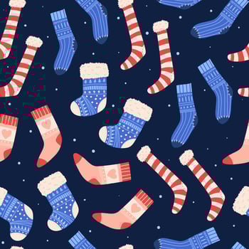Christmas seamless pattern with cute socks, cartoon vector illustration isolated on white background. Striped elf stockings and warm winter socks with ornament.