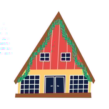 Cute house with gable roof and Christmas decoration, flat vector illustration isolated on white background. Building exterior.