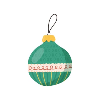 Shiny Christmas ornament ball for decorating tree - flat vector illustration isolated on white background. Hand drawn winter holiday element.