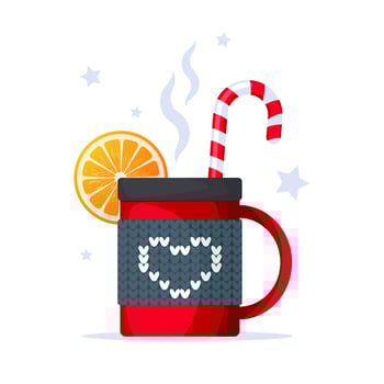 Red cup of hot chocolate, coffee, tea, decorated with candy cane and slice of lemon. Knitted cup cover, embroidered heart. Hot winter drink vector